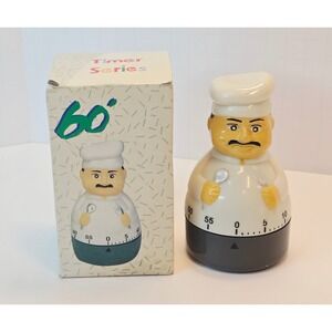 Vintage Chef Kitchen Timer 60 Minute Mechanical Wind Up Novelty Baker White 3.5"